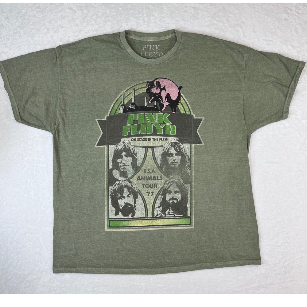 Pink Floyd Animals Tour 77 In The Flesh Graphic T-Shirt Olive Green XL